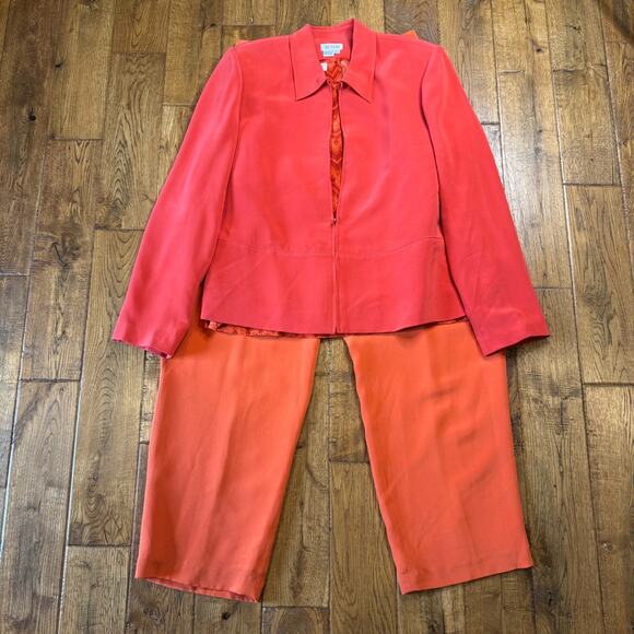 Due per Due 100% Silk 3 Pc Jacket Blouse Pants Set Womens Sz 14-16 Orange Coral - Picture 1 of 16